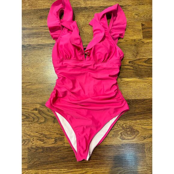 Cupshe Women's Pink Ruffle One Piece Size M Sexy Plunge Minimalist NWT - Picture 3 of 7